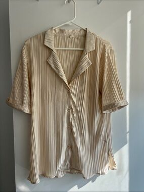Cream Silky Pleated Blouse with Buttons